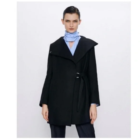 ZARA MANTECO Italian Luxury Wool Black Asymmetrical Belted Jacket Colins Coat M - Picture 14 of 16